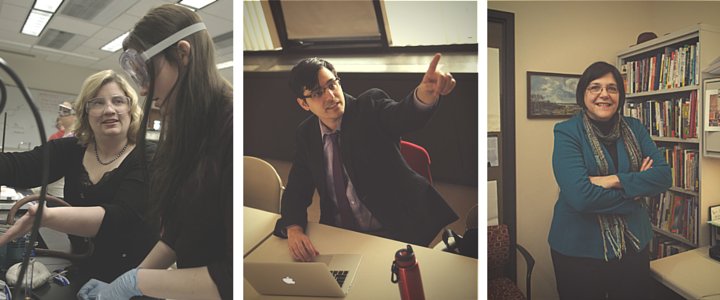 This is a collage of three photos: female faculty explaining, male faculty pointing, female faculty standing with arms crossed.